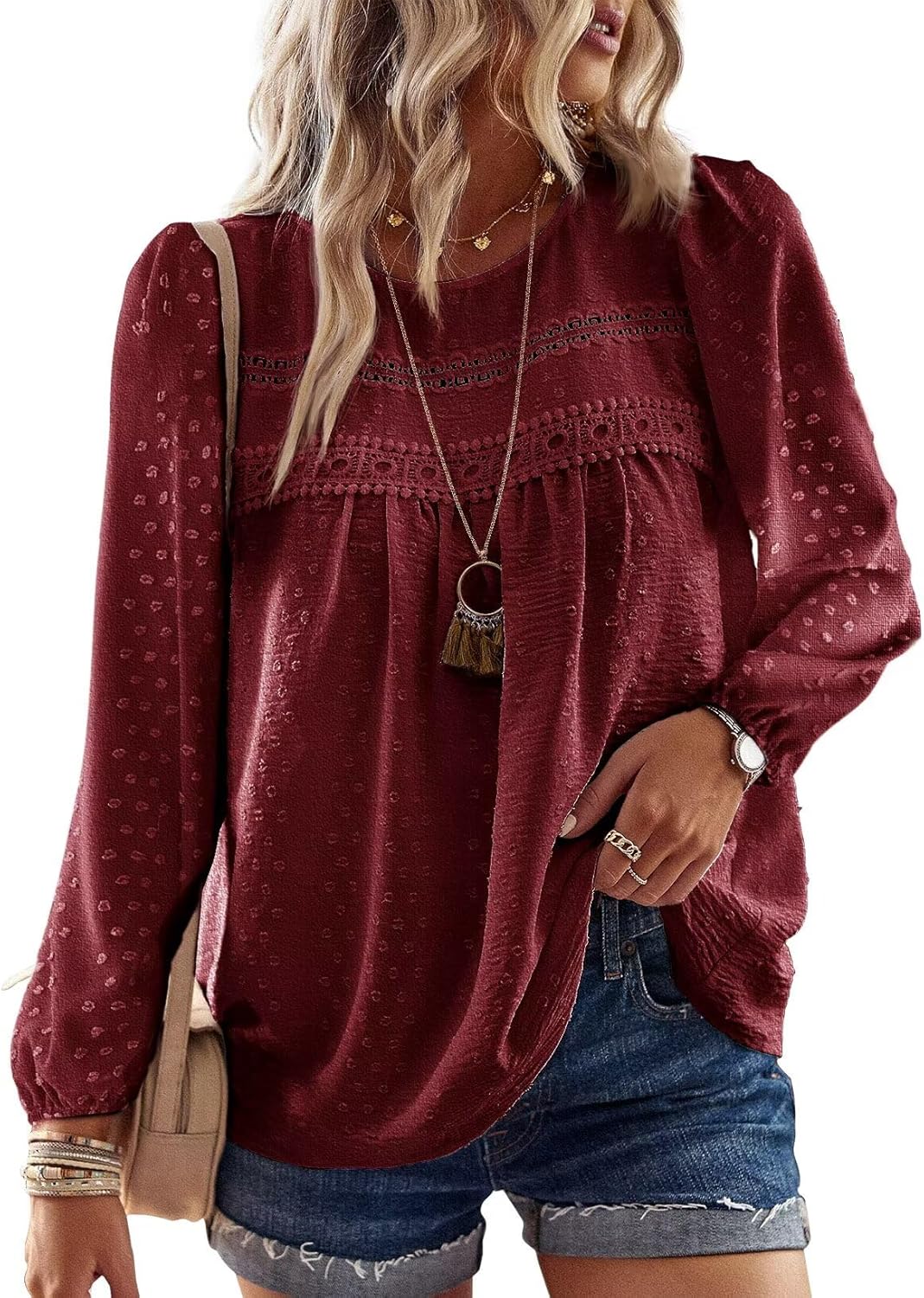 Thumbnail 6 de TUUHAW Damen Langarmshirt im Boho-Stil mit Rundhals, Häkelspitze und Pompon-Details