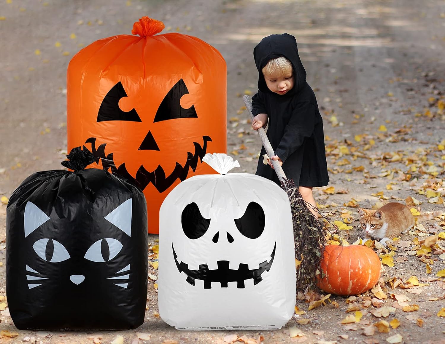 Detalle 2 de Giiffu 9-Pack Halloween Leaf Lawn Bags with Twist Ties, Pumpkin, Cat and Ghost Designs