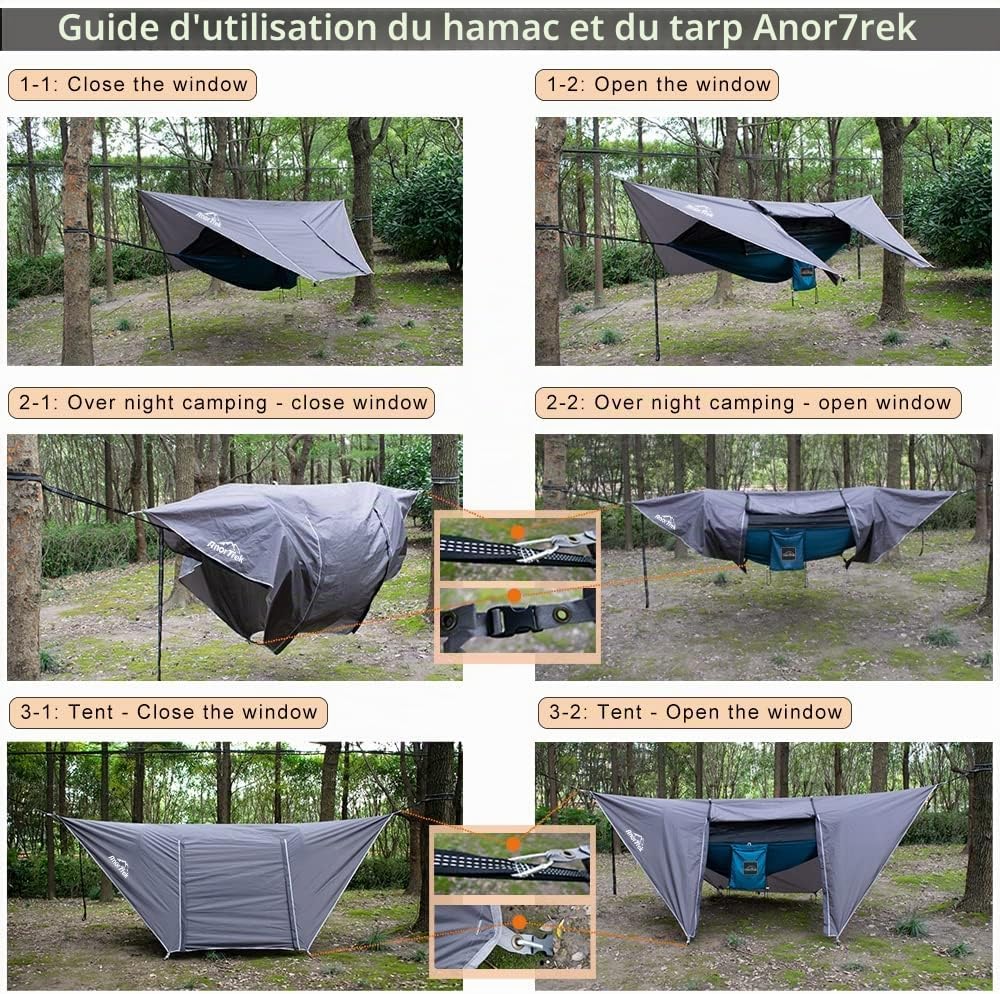 Thumbnail 6 de AnorTrek Camping Hamac avec moustiquaire et bâche de pluie – Double, nylon 210T, avec sangles et tarp imperméable