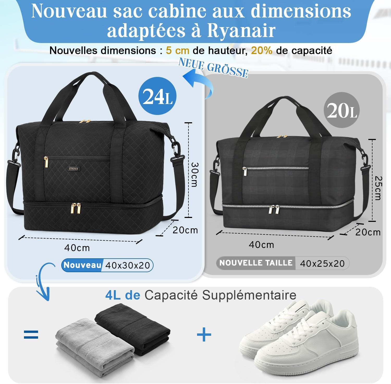 Detalle de ETRONIK Sac de Voyage Femme 24L – Cabine légère, compartiment chaussures et accessoire pratique