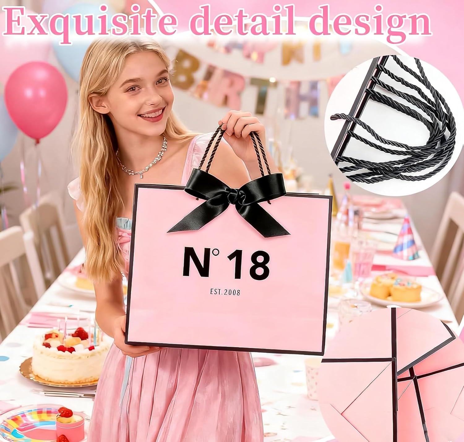 Thumbnail 2 de Yiran Girls Pink Black EST.2015 11th Birthday Gift Bag — 32x25x11 cm, Pink & Black with Ribbon