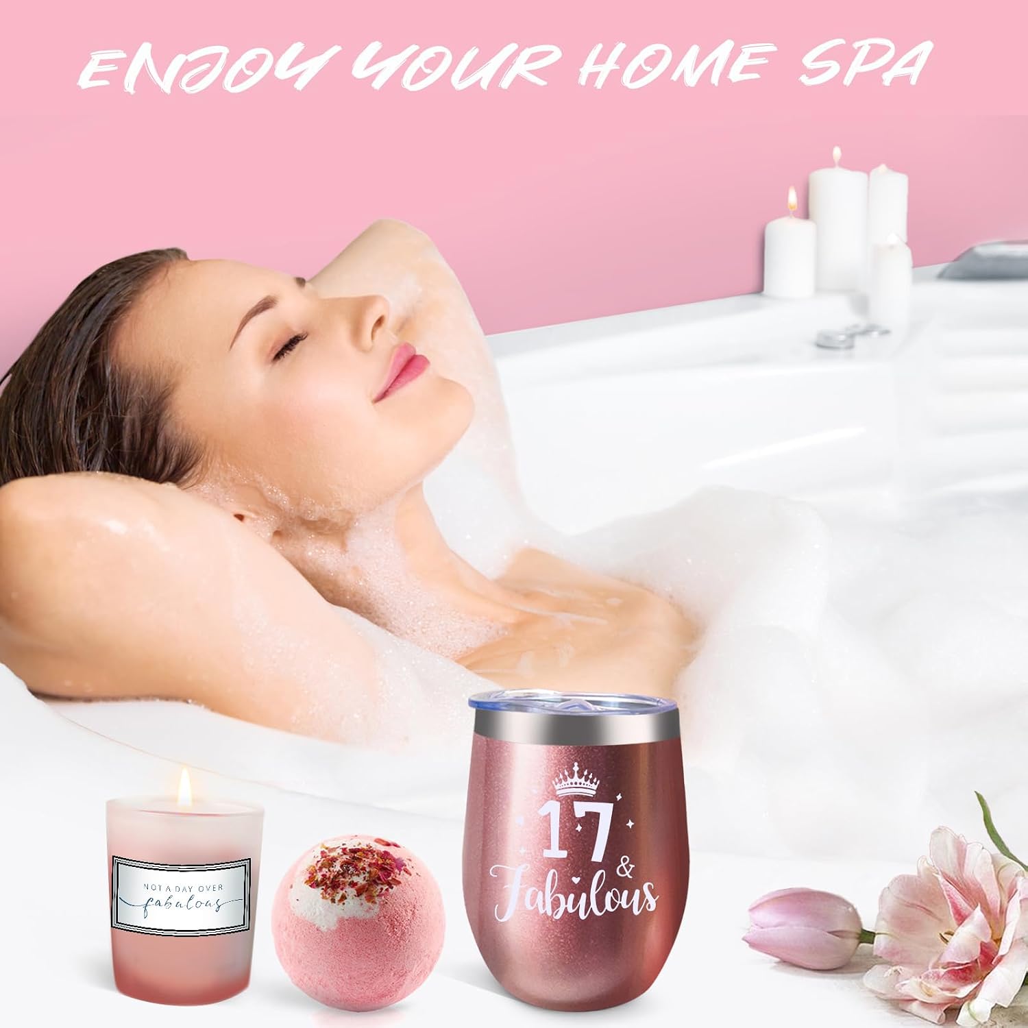 Thumbnail 5 de WULAIHO 17th Birthday Gift Set for Her — Rose-Gold Tumbler, Bracelet, Mirror & Pamper Basket