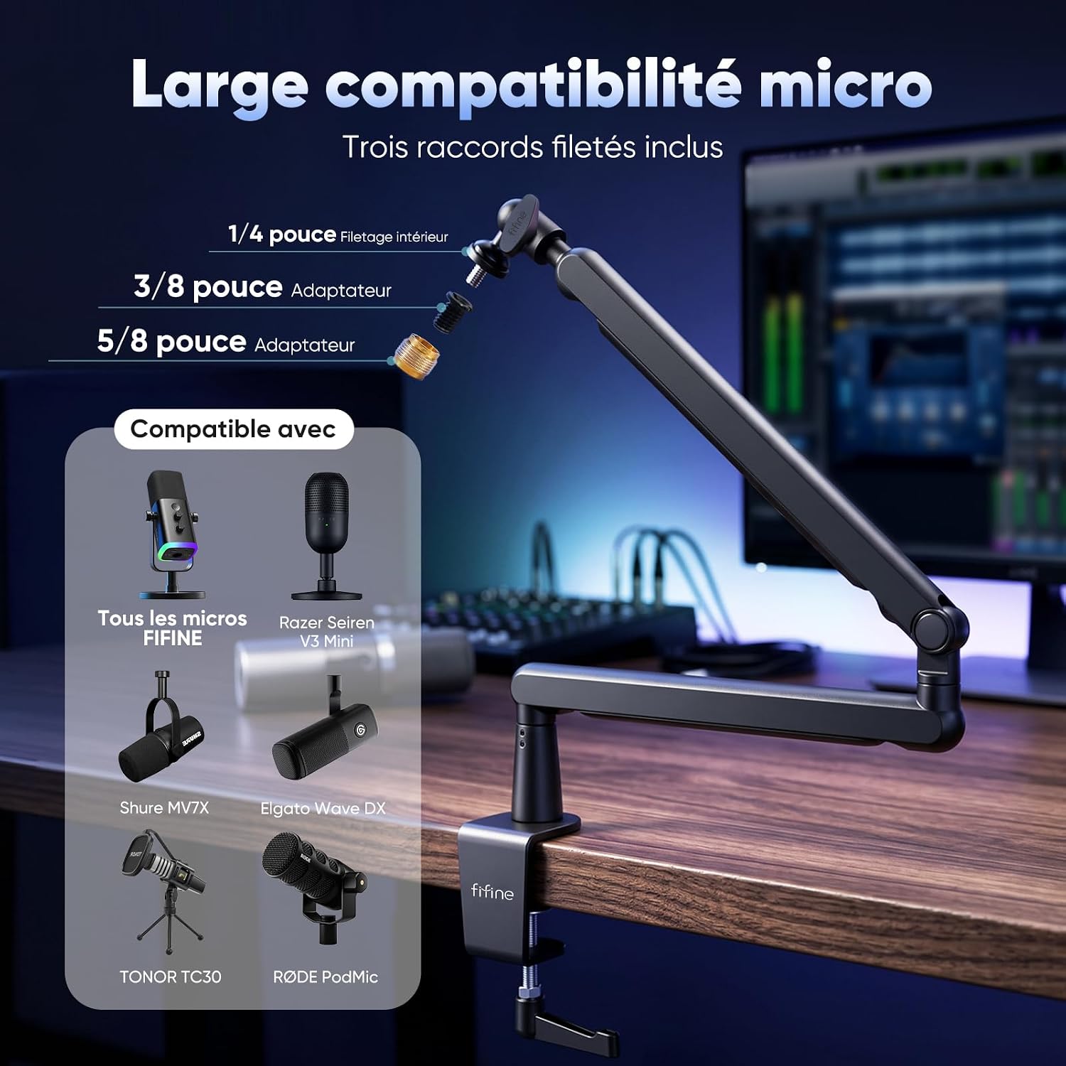 Detalle 2 de FIFINE Bras de Microphone Pivotant pour K658/K688/A8 – Suspension, Pince de Bureau et Gestion des Câbles