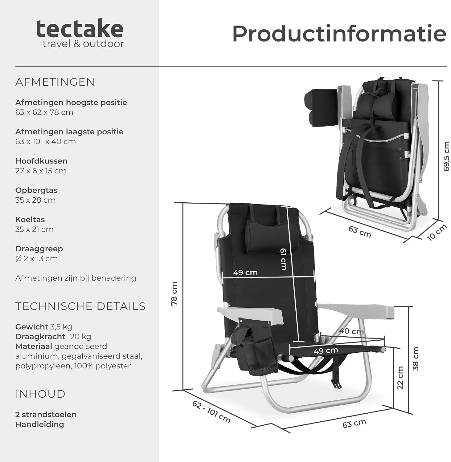 Detalle de tectake Coral 406262 strandstoelen set van 2, verstelbare rugleuning