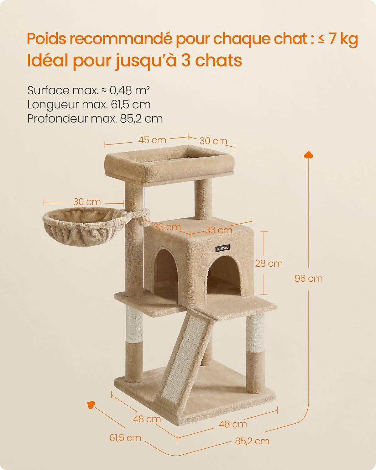 Detalle de Feandrea Arbre à Chat, Tour de Jeux, Grand Plate-Forme – Marron Camel PCT051K03