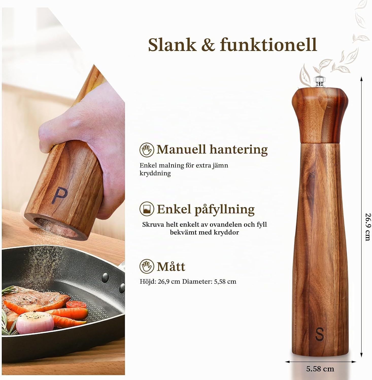 Detalle de Haomacro ZHU-AW-006-10S salt- och pepparkvarnar i akaciaträ, 25,5 cm