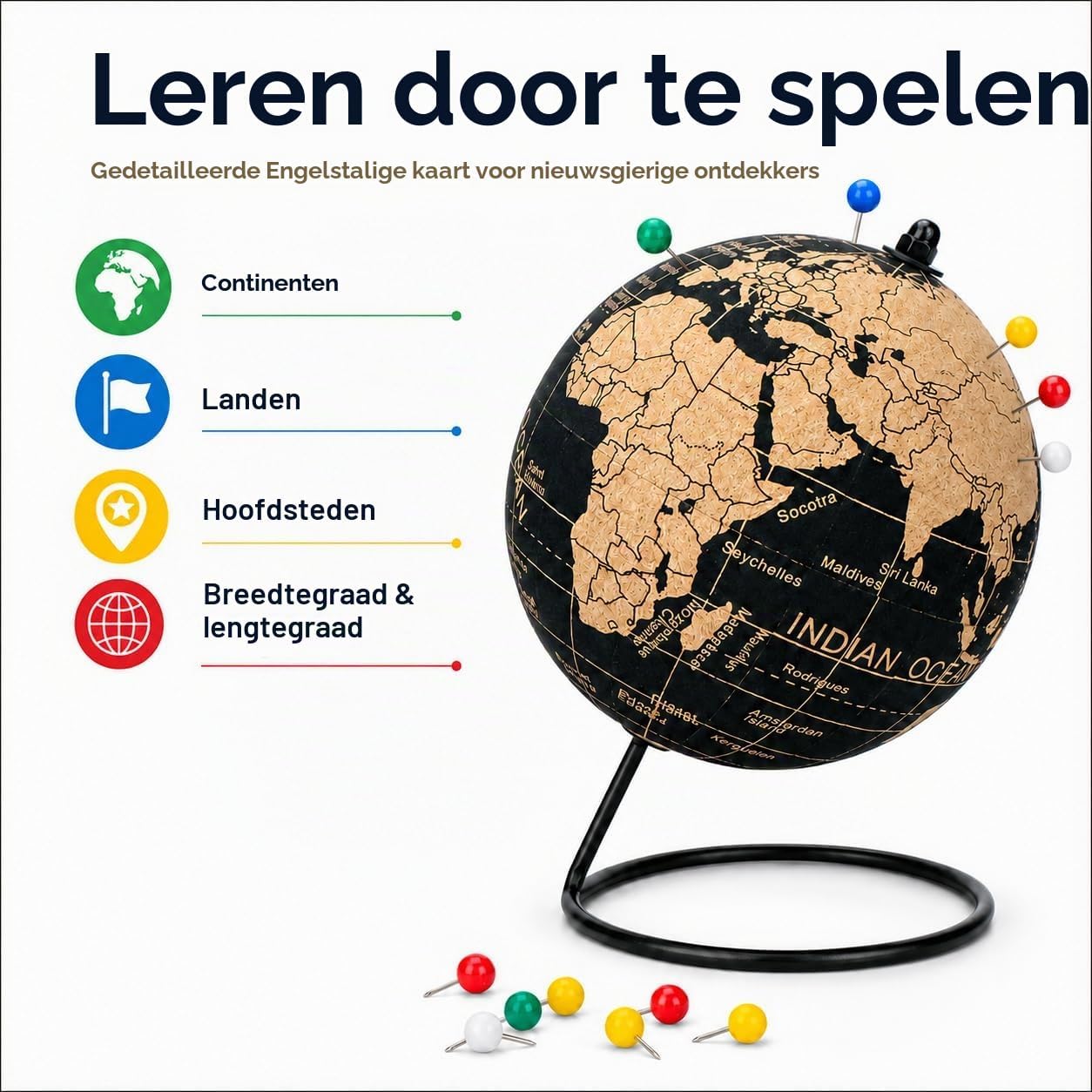 Thumbnail 5 de Exerz EX-PIN kurken wereldbol van 14 cm met Engelstalige kaart en zwarte standaard
