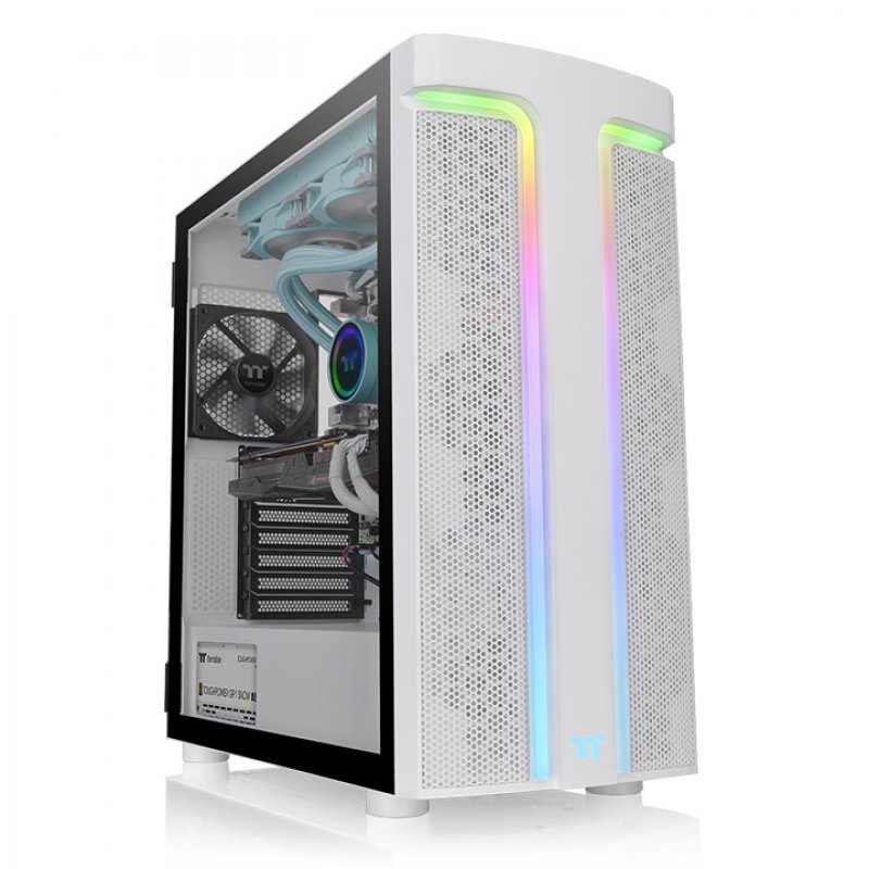 Detalle de Thermaltake H590 TG Snow ARGB: chasis semitorre con vidrio templado y iluminación ARGB