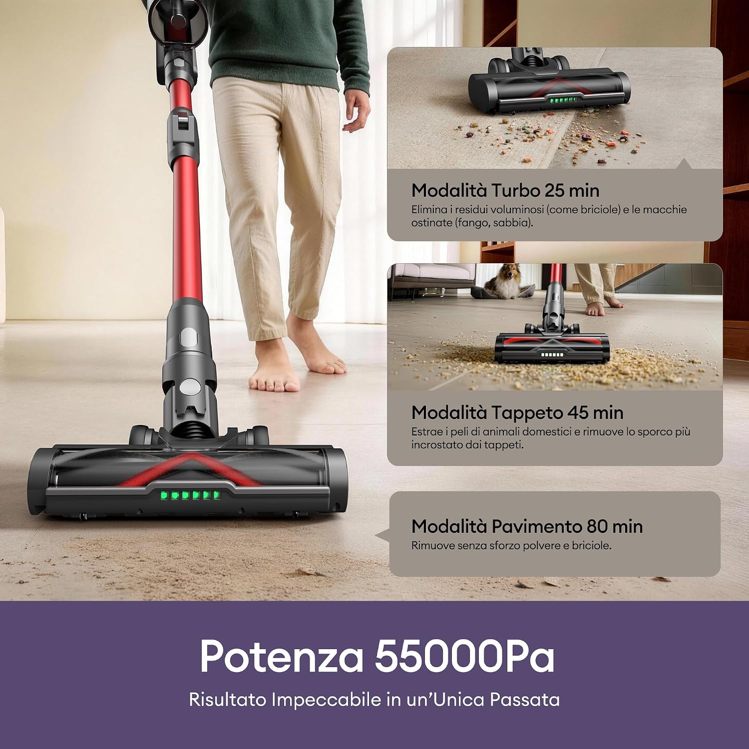 Detalle 2 de Ultenic U18 senza fili 55 kPa e fino a 80 min di autonomia: scopa elettrica con tubo pieghevole