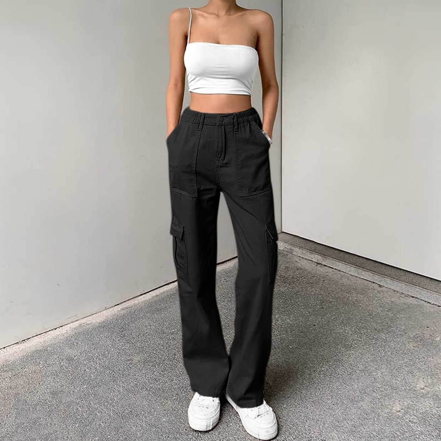 Detalle 2 de Lepunuo Cargo Pants for Women, High-Waisted Wide-Leg with 6 Pockets