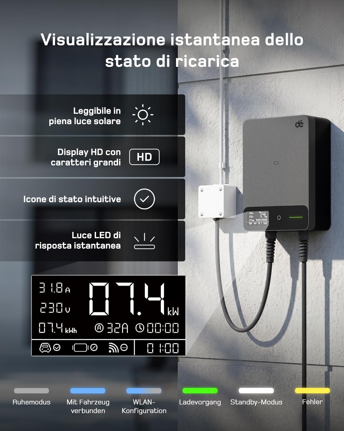 Detalle 2 de Dé Wallbox 7,4 kW Tipo 2 con App e Cavo 10 m: ricarica domestica monofase affidabile