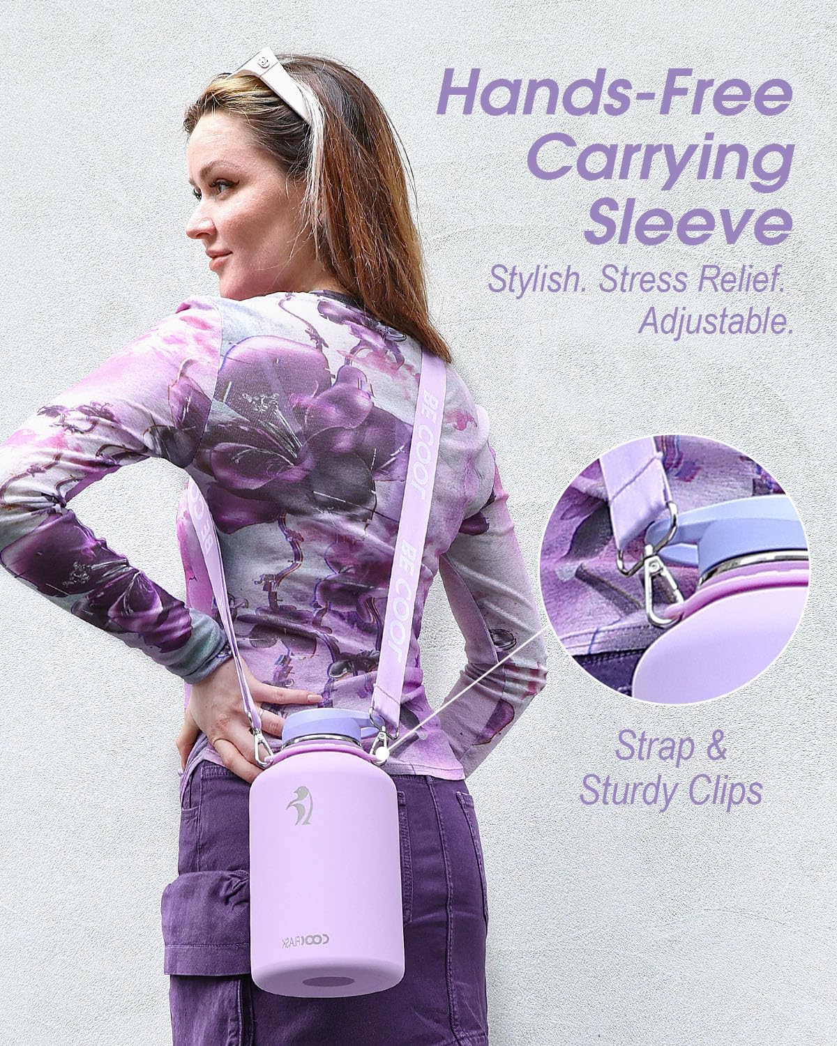Detalle de Coolflask Half Gallon Water Bottle with Strap (64oz) – Lavender Stainless Steel, Dual Lids, Leak-Proof