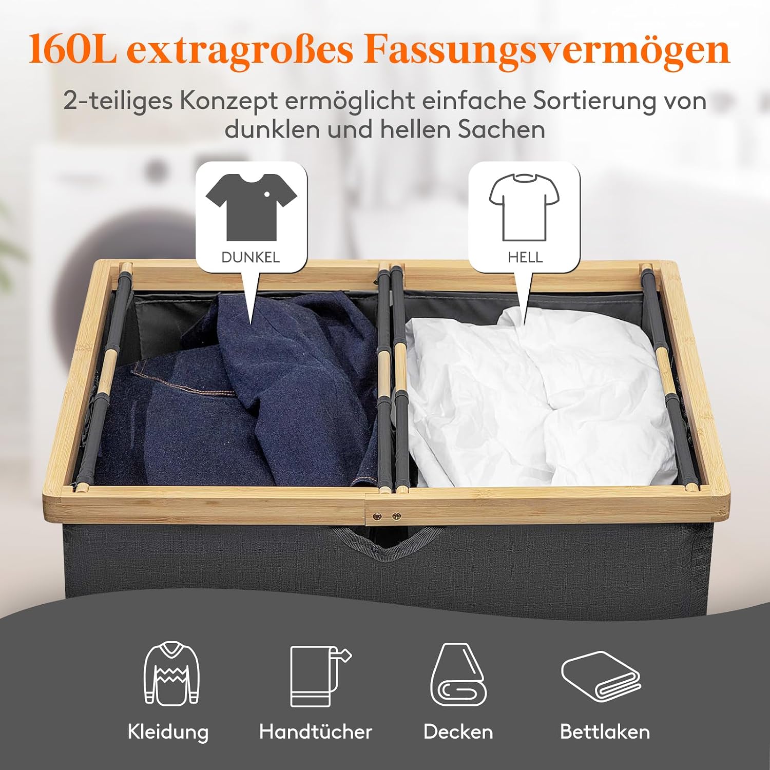 Detalle 2 de Lifewit 160L Bambus Wäschekorb