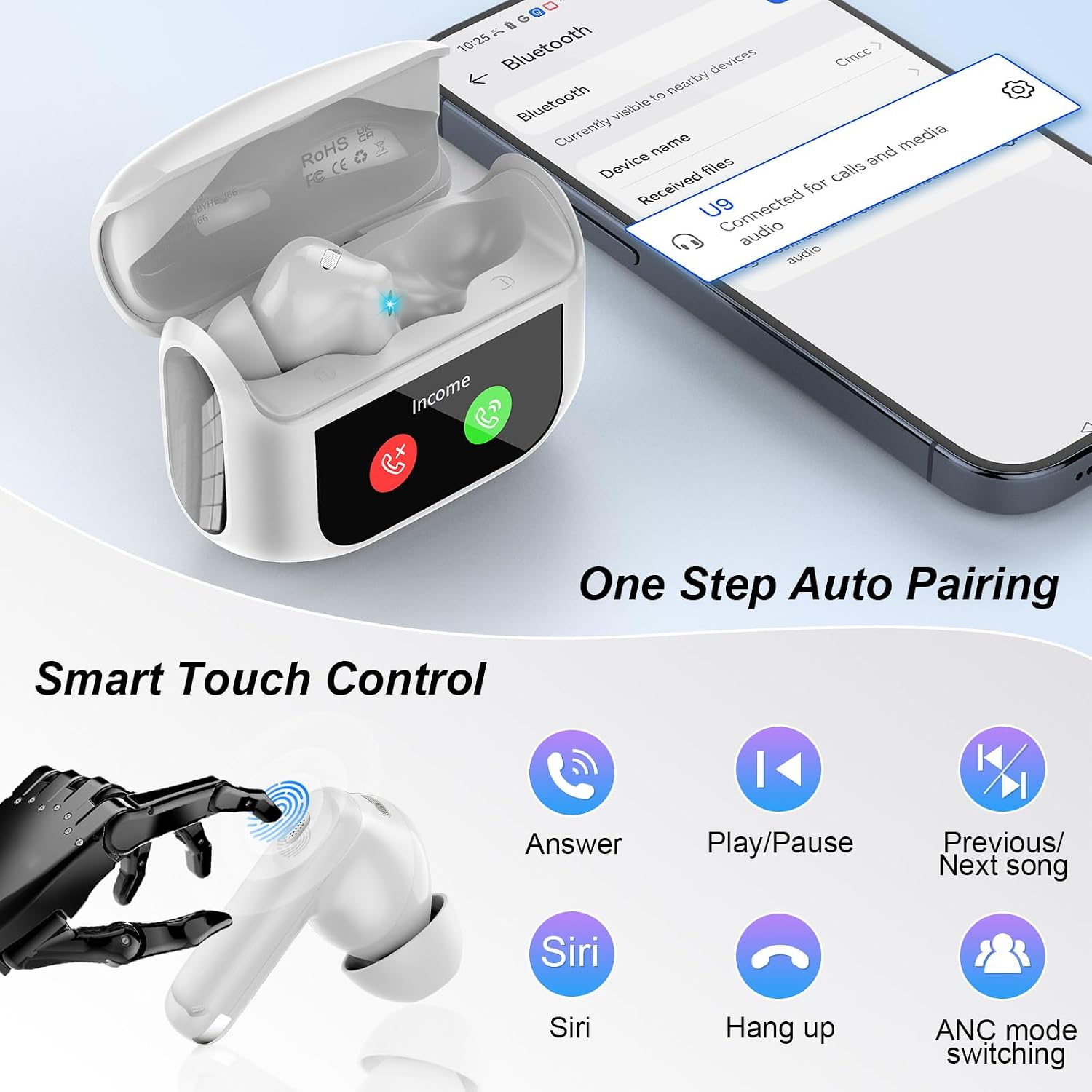 Thumbnail 5 de QXUFV Wireless Earbuds with Smart Touch Screen ANC, BT 5.4, 40H Playtime, IP7 (White)