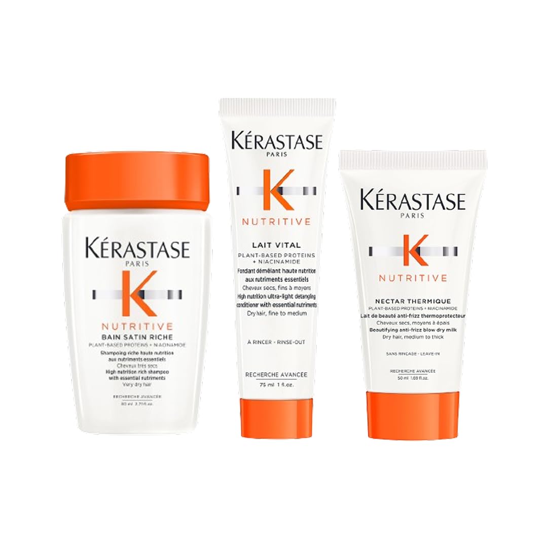 Detalle de Kérastase Nutritive Pflegeroutine mit Shampoo, Haarkur und Hitzeschutz – Feuchtigkeitsspendend und revitalisierend