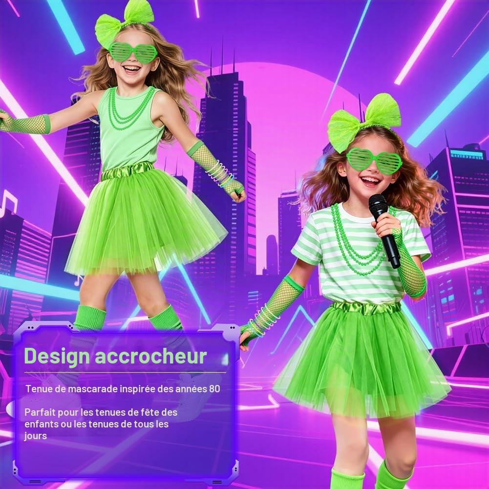 Detalle 2 de BSBUY Jaren 80-kostuum voor meisjes, 20-delig met rok en accessoires