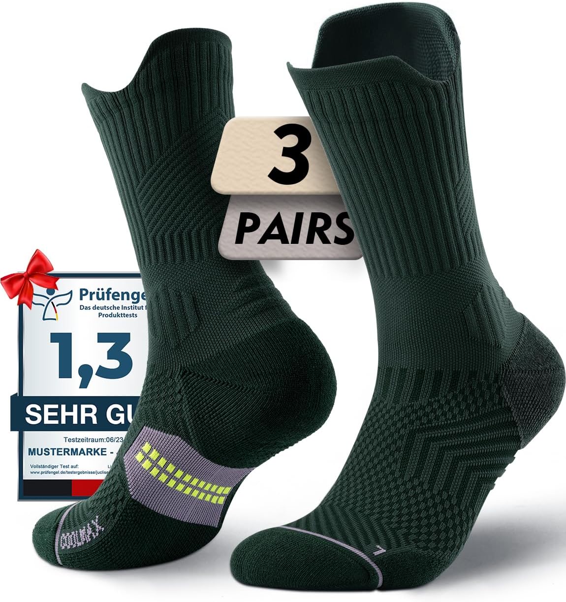 Detalle de Juclise Women’s Coolmax Bamboo Compression Running Crew Socks (3 Pairs) with Anti-Blister Cushioning