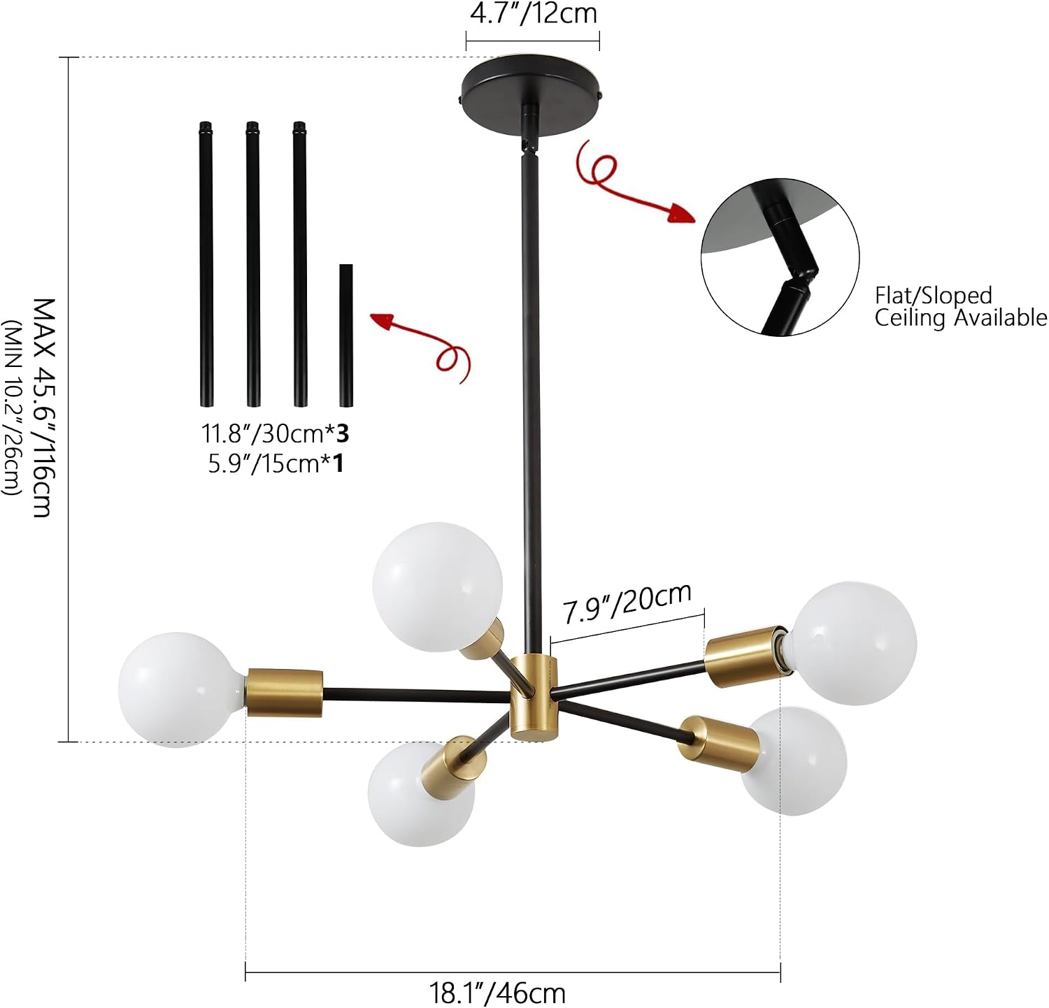 Thumbnail 1 de KAISITE 5-Light Sputnik Chandelier, Black and Gold, Adjustable Height