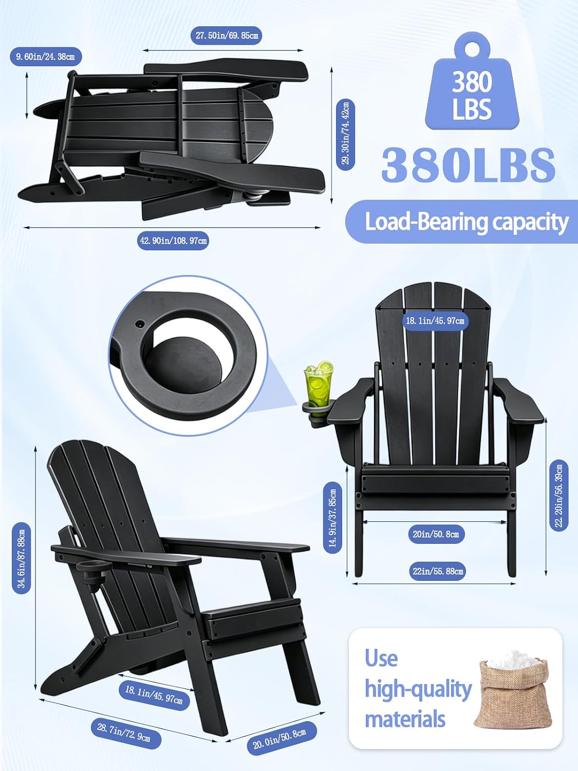 Detalle de UCMDA HBY-502 Folding Adirondack Chair, Black HDPE with Cup Holder