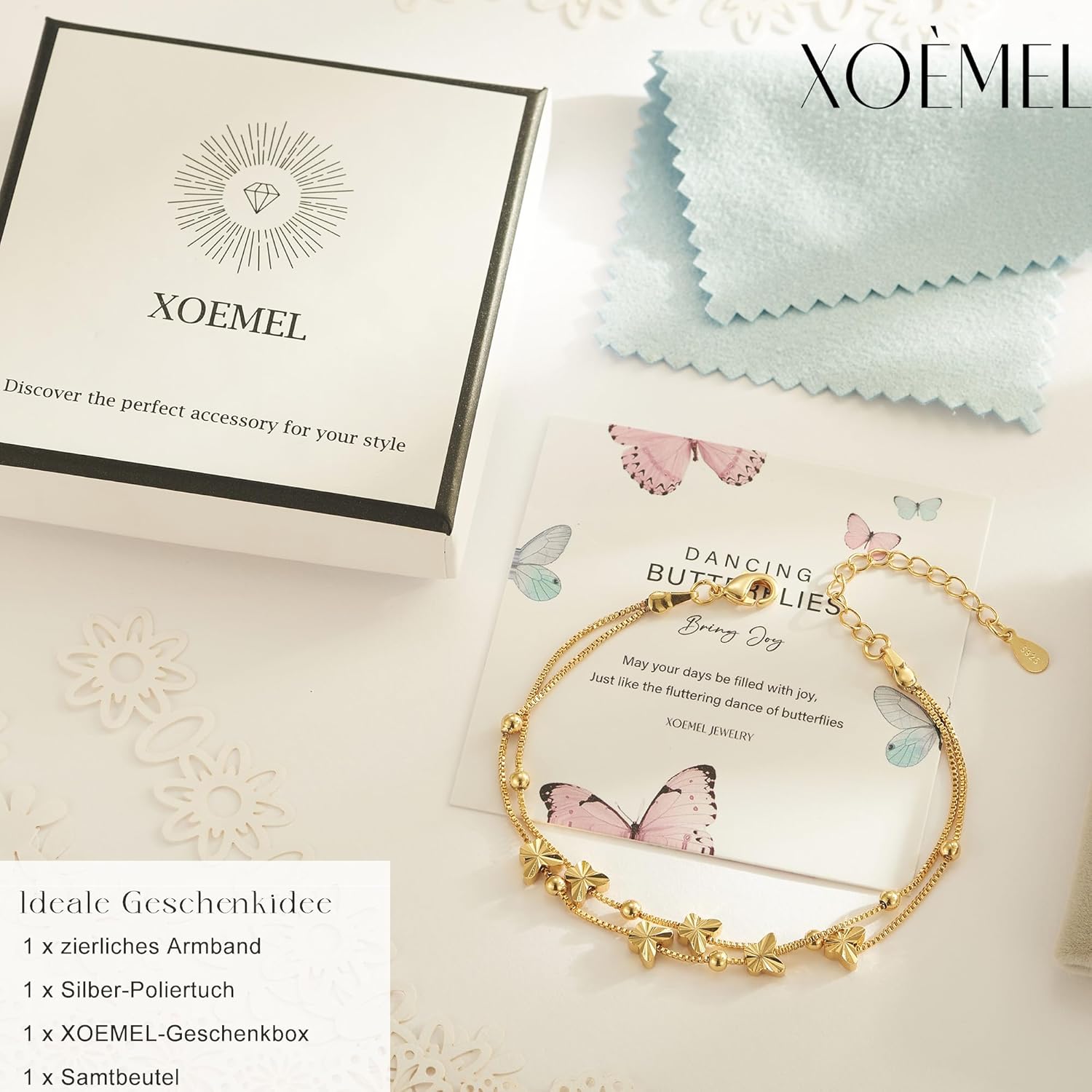 Thumbnail 5 de XOEMEL Bracelet en argent 925 pour femme – motif papillons, doré rose et perles, réglable 43 cm