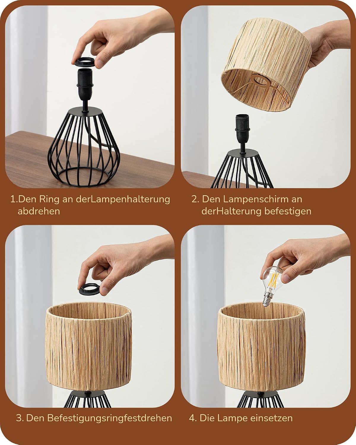 Thumbnail 6 de EDISHINE Tischlampe Wohnzimmer – Boho-Stil mit gewebtem Papierseil-Schirm, E14, 29 cm, Schwarz