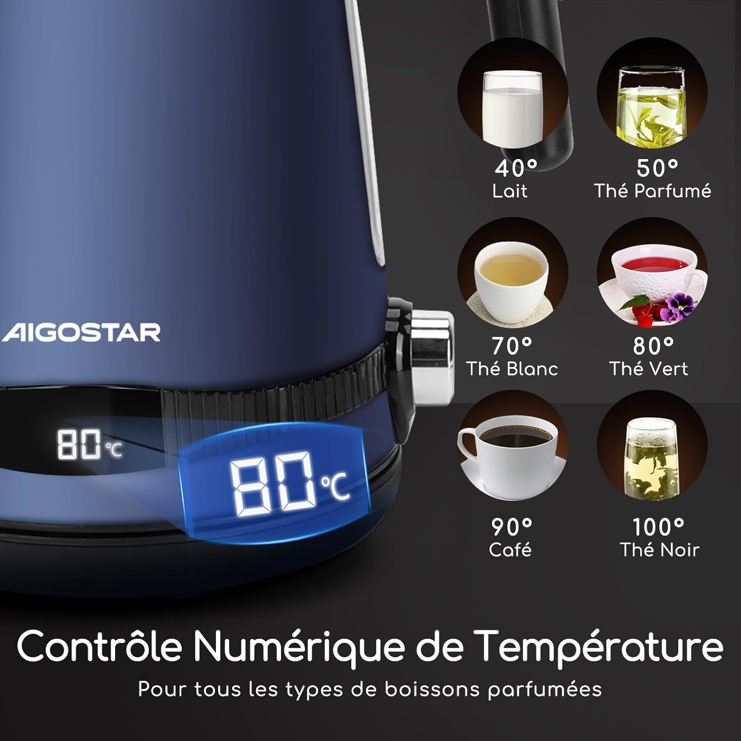 Thumbnail 2 de Aigostar bouilloire électrique à température réglable inox 1,7 L bleu foncé vintage