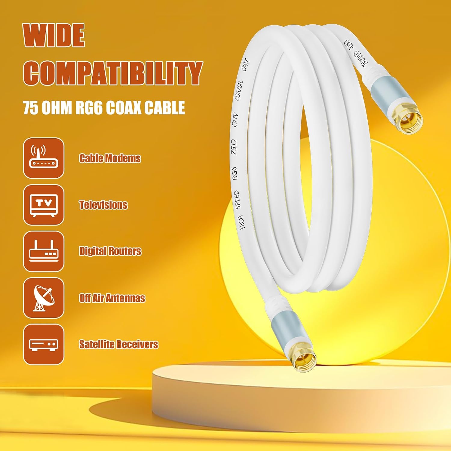 Thumbnail 3 de LDKCOK RG6 3-Foot Coaxial Cable, White, Dual-Shielded with Gold-Plated F Connectors