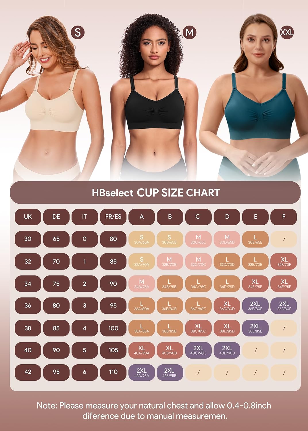 Detalle de HBselect 4er-Pack Damen-BHS ohne Bügel Seamless T-Shirt Bra / Yoga-Bustier mit herausnehmbaren Pads