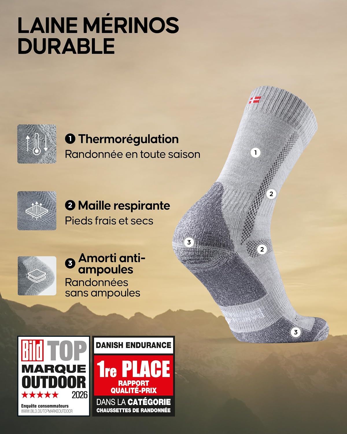 Detalle 2 de DANISH ENDURANCE Chaussettes de randonnée en laine mérinos (lot de 3) – amorties, anti-ampoules, unisex