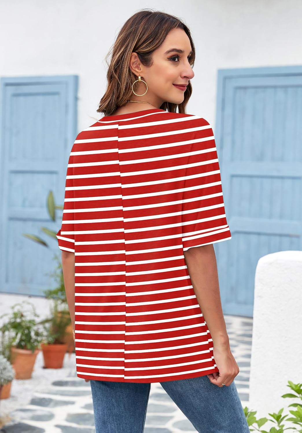 Thumbnail 2 de WNEEDU Oversize Shirt Damen – Kurzarm Rundhals, Leichtes Sommer-T-Shirt mit gekrempelten Ärmeln