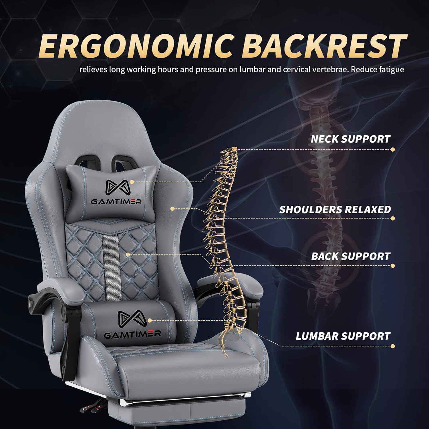 Thumbnail 6 de Gamtimer Gaming Chair (Grey) — High-Back Office Chair With Footrest, Lumbar Support & 400 lbs Weight Capacity