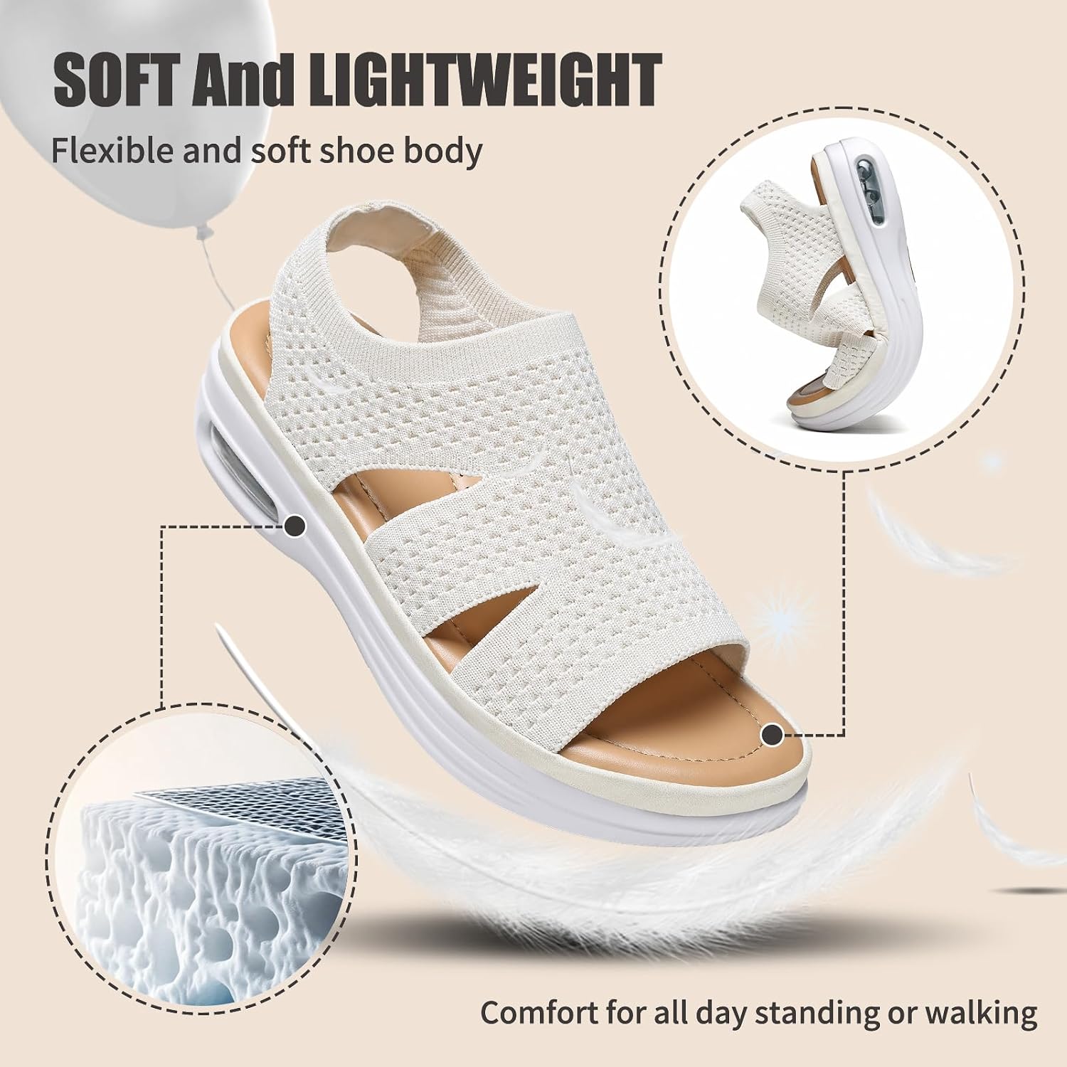 Detalle de Hanani Air Cushion Walking Sandals with Elastic Slingback – Lightweight Open-Toe Summer Shoes