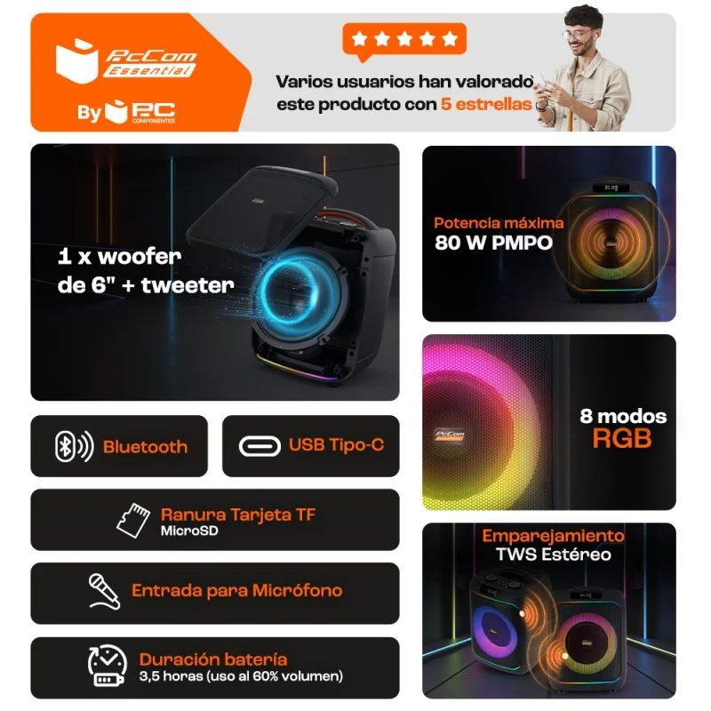 Thumbnail 3 de PcCom Essential TrueVibe 6: Altavoz Bluetooth 80 W con woofer de 6" y iluminación RGB
