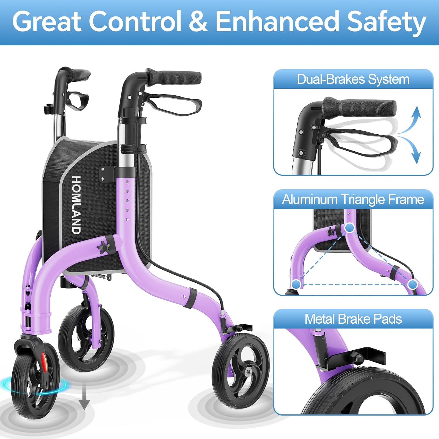 Detalle de HOMLAND Foldable 3 Wheel Walker for Seniors with Cane & Cup Holder — Lightweight 10.4 lbs, Lavender