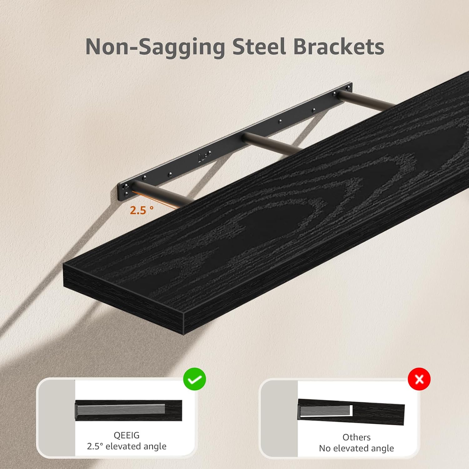 Detalle 2 de QEEIG mounted-bathroom-shelves Floating Shelves, Black, 47.2-Inch Set of 2