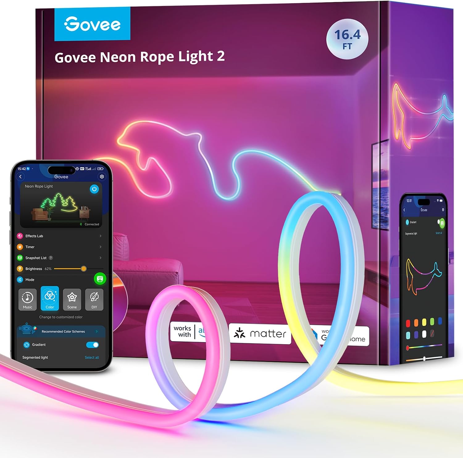Detalle de Govee Neon Rope Light 2 – RGBIC Neon LED Strip 5 m mit Shape Mapping, kompatibel mit Matter, Alexa & Google Assistant
