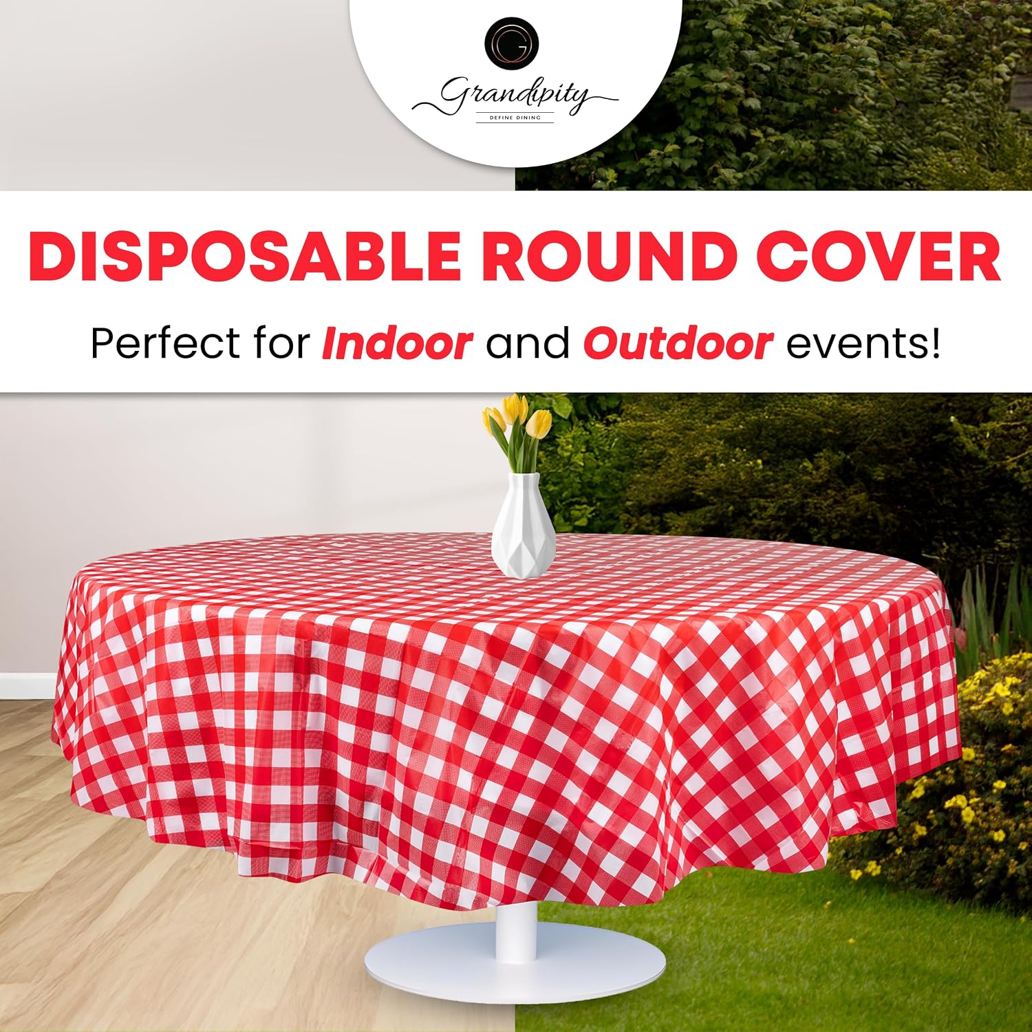 Thumbnail 4 de Grandipity 12 Pack Premium Disposable 84" Round Checkered Tablecloth – Red Ginghams