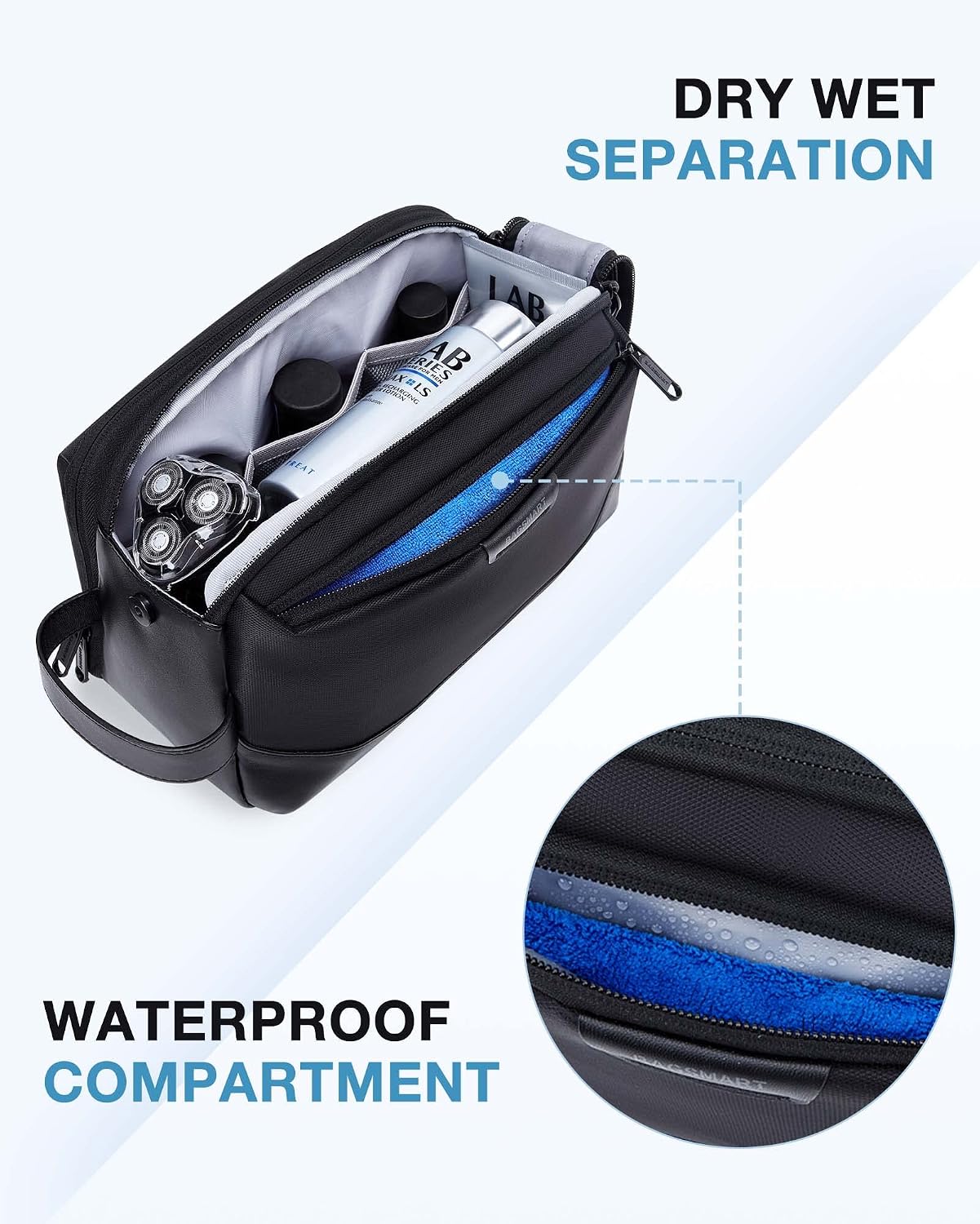 Detalle de BAGSMART Herren-Kulturbeutel (Reise-Kulturtasche) mit PU-Leder, wasserabweisend, Organizer & separater Fronttasche – Schwarz