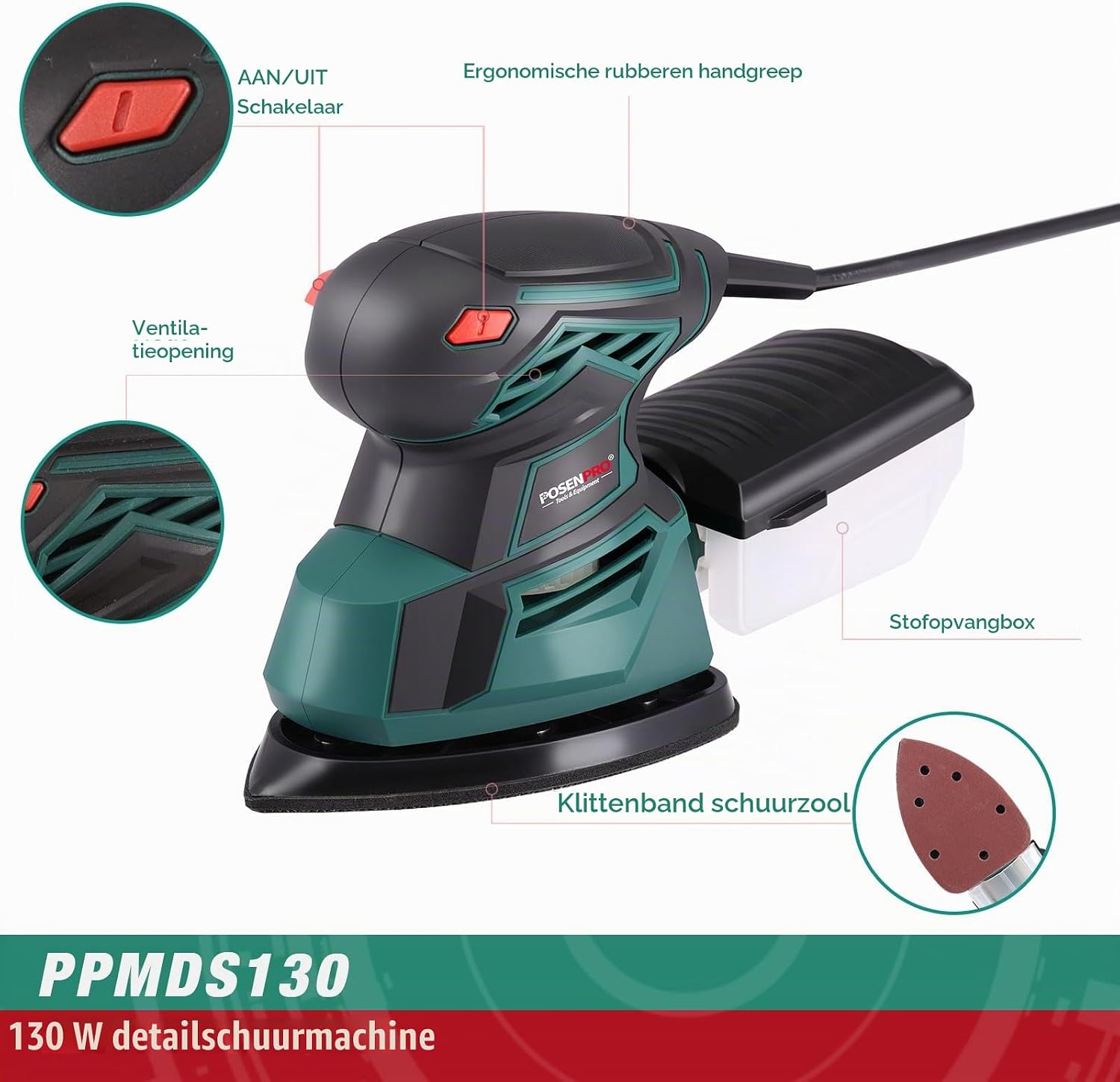 Detalle de POSENPRO PPMDS130 detailschuurmachine, 130 W, driehoekige schuurzool