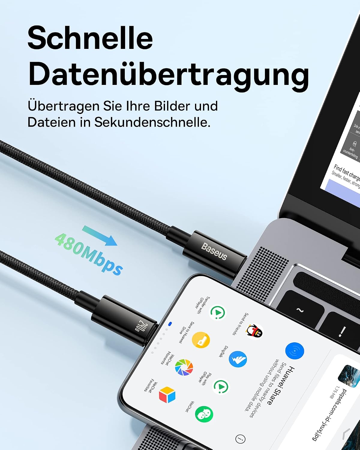 Detalle de Baseus USB‑C auf USB‑C Kabel 240W (1 m) mit PD 5A & QC 4.0 Schnellladung