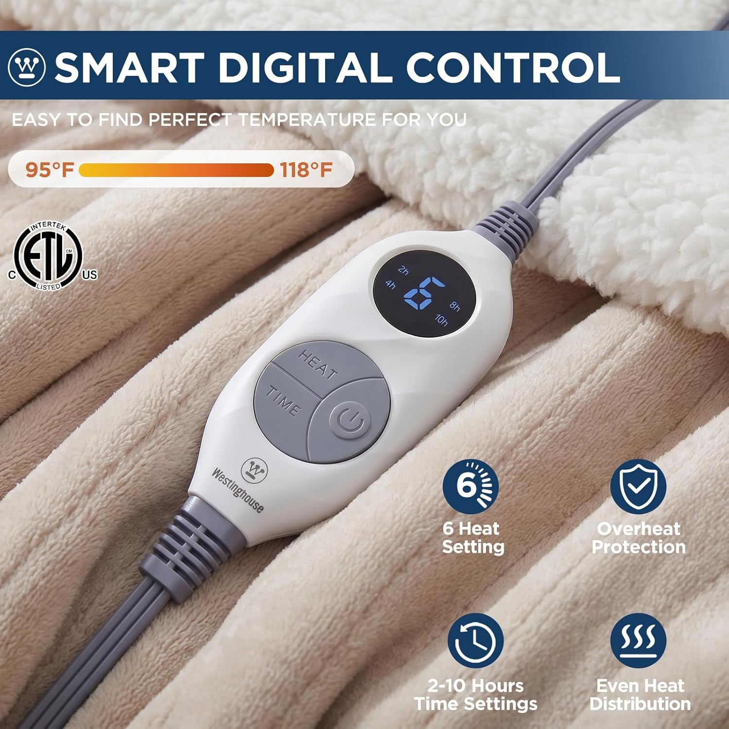Detalle 2 de Westinghouse KTHT-QCHVS-W Heated Throw Blanket, Beige Flannel and Sherpa