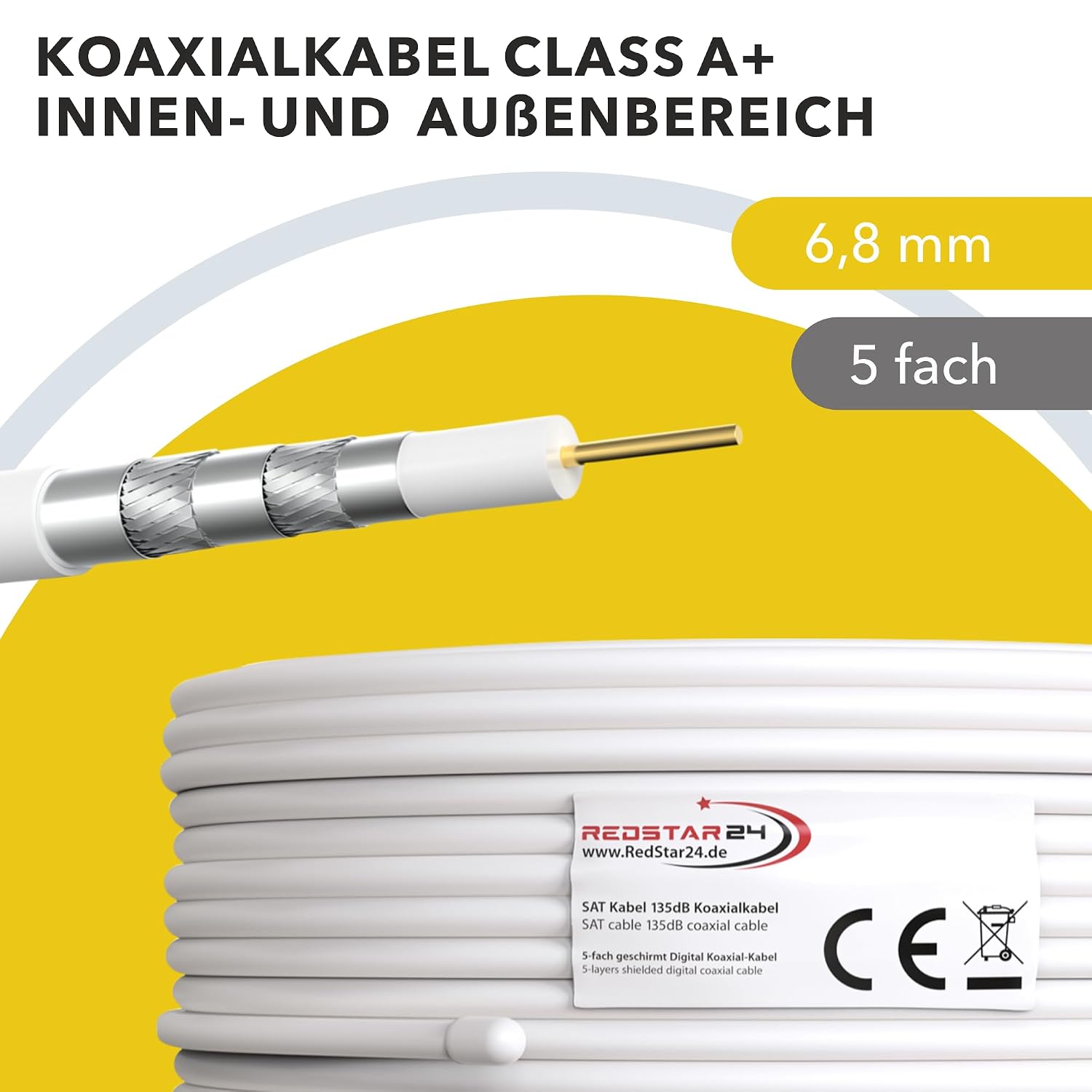 Detalle de RedStar24 100m Koaxialkabel SAT Kabel 135dB – Class A+ mit 10 vergoldeten F-Steckern