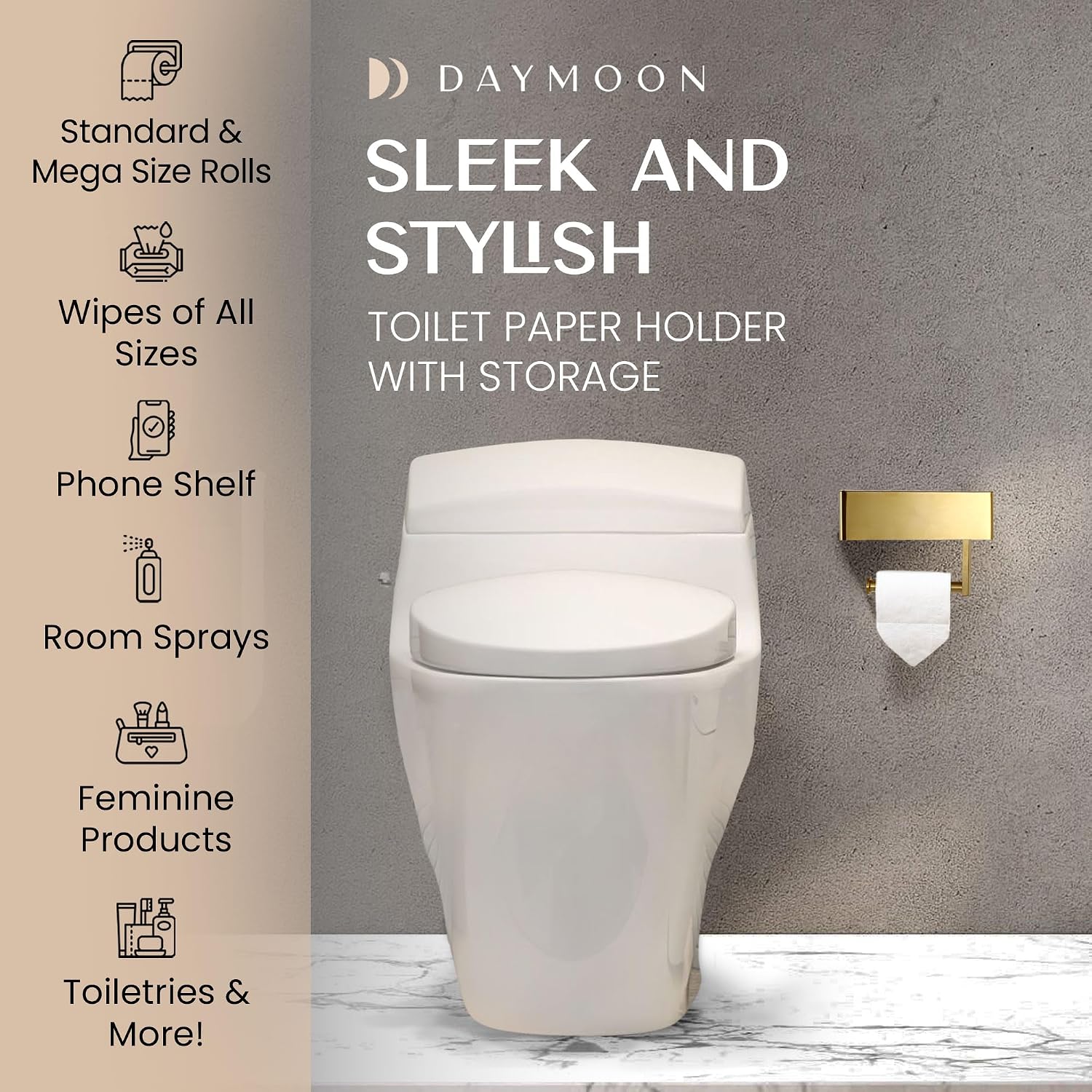 Thumbnail 2 de Day Moon Designs 5A-FLQR-C2IF Wall-Mount Toilet Paper Holder with Shelf, Gold