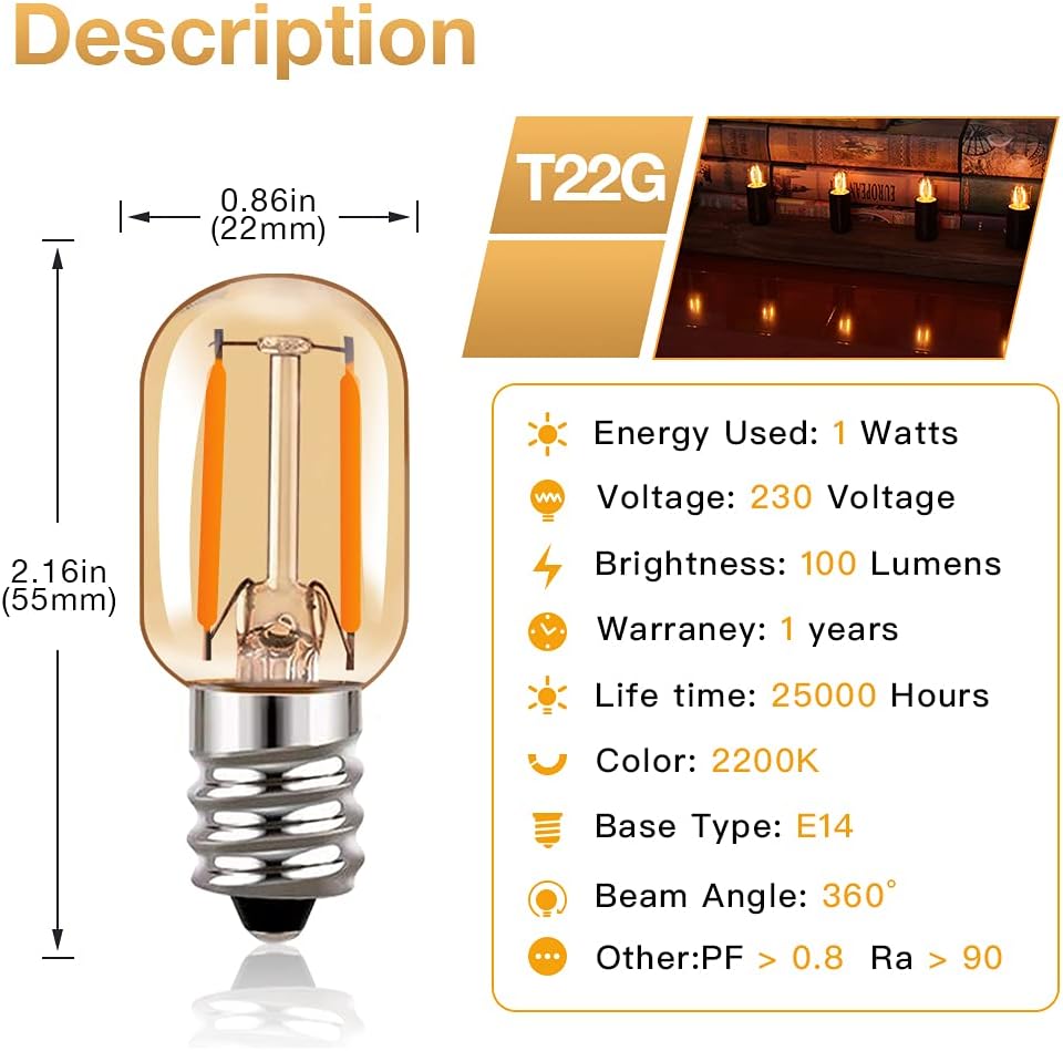 Detalle 2 de Hcnew T22 E14 LED-filamentlamp 1 W, amberglas, 2200 K, 5 stuks