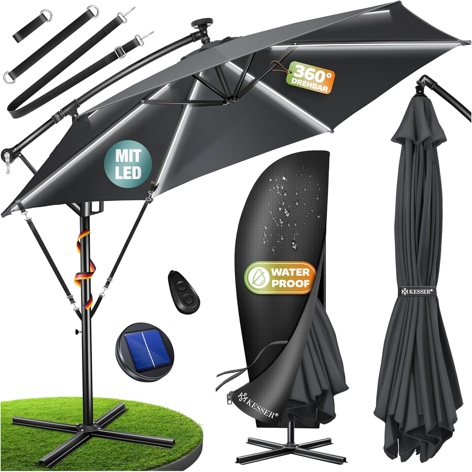 Detalle de KESSER® Alu Ampelschirm LED Solar – 360° drehbar, mit LED-Licht, Kurbel & Abdeckung