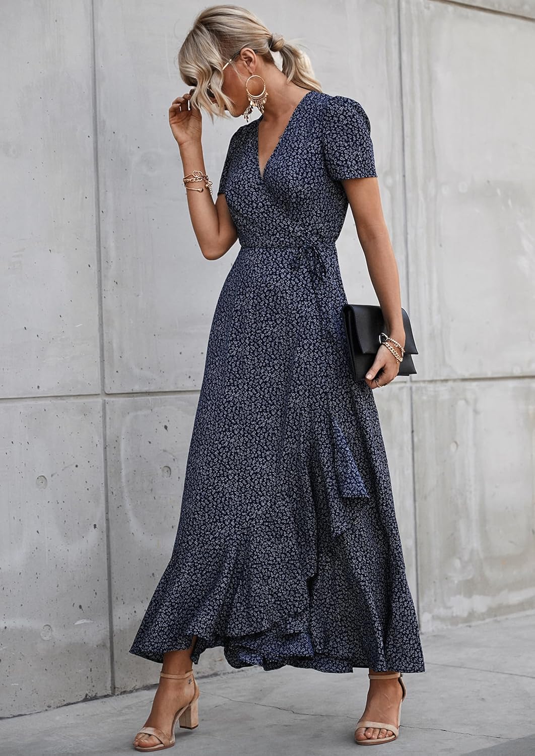 Thumbnail 2 de PRETTYGARDEN Women's Boho Floral Maxi Dress with V-Neck Wrap — Short Sleeves, Flowing Beach Maxi