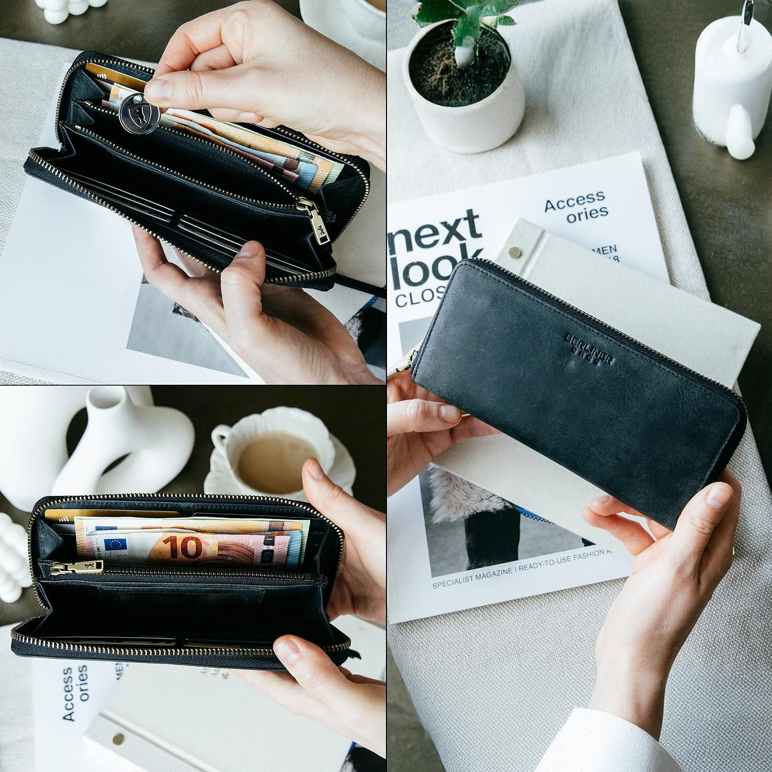 Detalle de Berliner Bags Palma Grand Portefeuille en Cuir with RFID Protection – Gris Foncé
