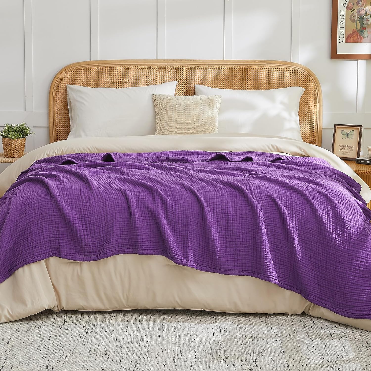 Thumbnail 4 de EMME Cotton blanket Muslin Cotton Queen Blanket, Purple, 90" x 90