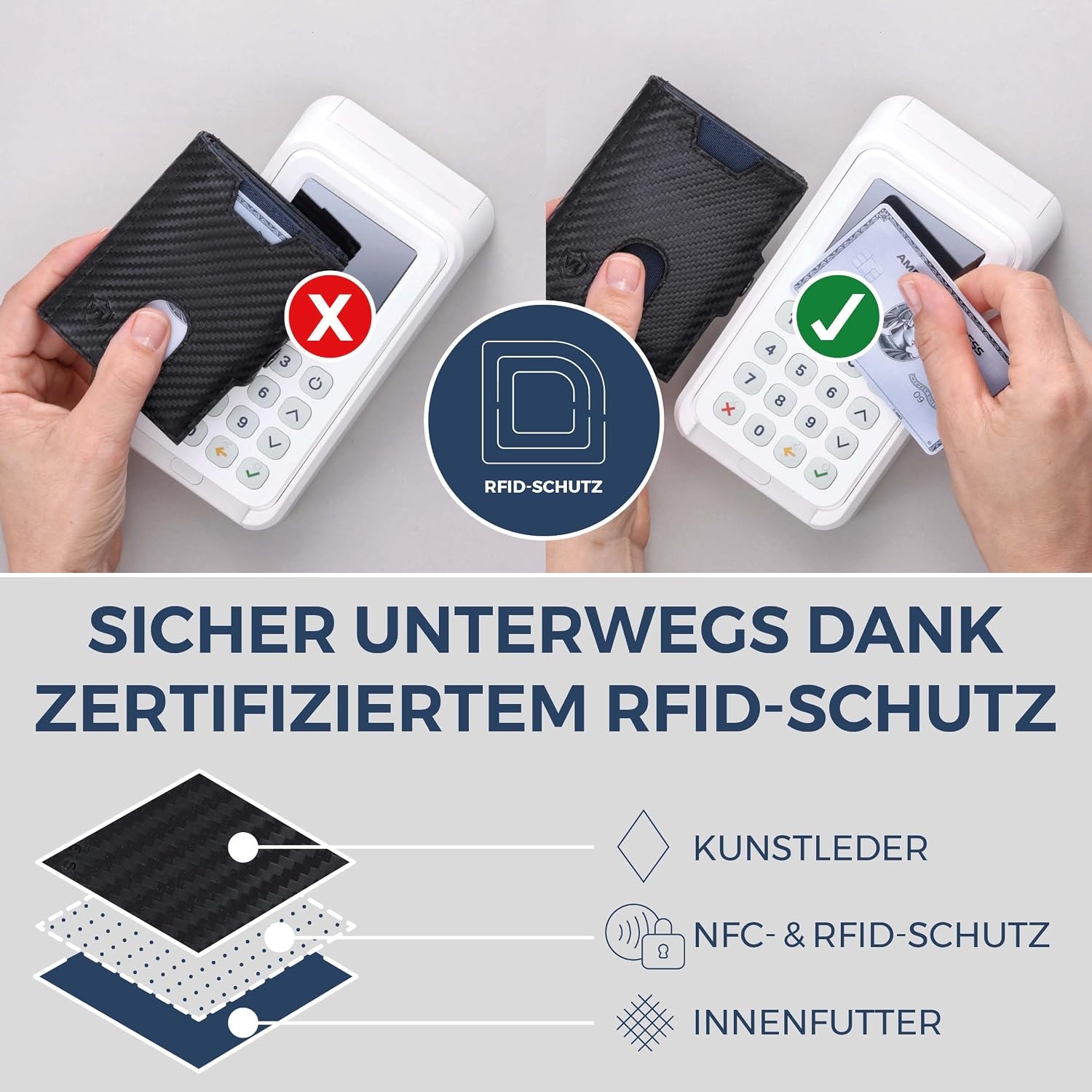 Thumbnail 2 de VON HEESEN Slim Wallet mit Münzfach & RFID-Schutz – schlankes Kartenetui mit 8 Kartenfächern (Carbon-Schwarz, PU)