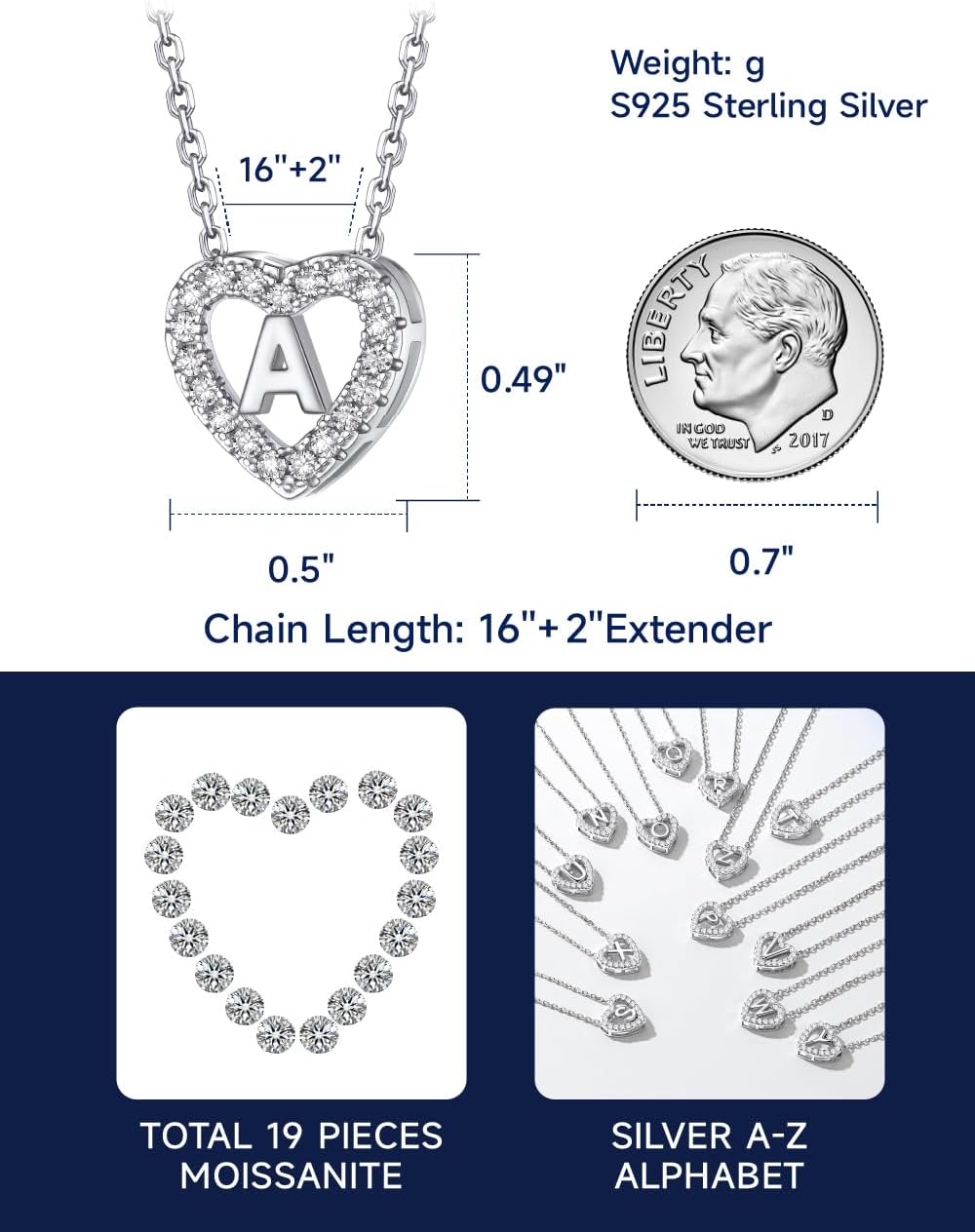 Detalle 2 de MomentWish Herz-Kette mit A–Z Buchstaben Anhänger aus Moissanit – Personalisierte Halskette für Damen